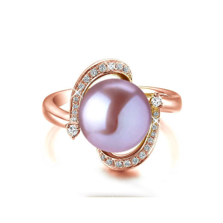 Bague voluptueuse or rose et perle de culture lavande - Diamant pavé - 2
