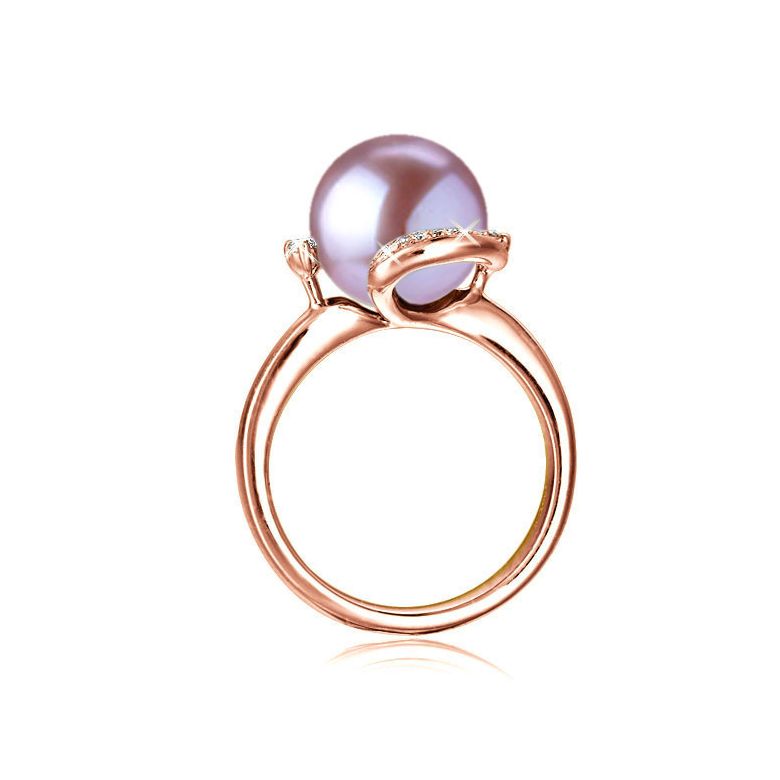 Bague voluptueuse or rose et perle de culture lavande - Diamant pavé - 3