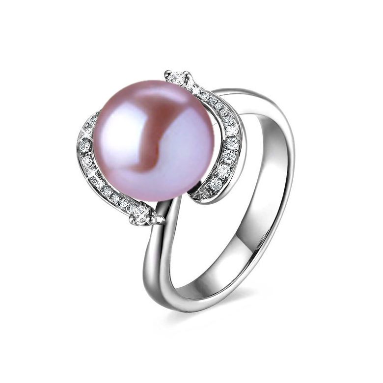 Bague voluptueuse or blanc et perle de culture lavande - Diamant pavé - 1