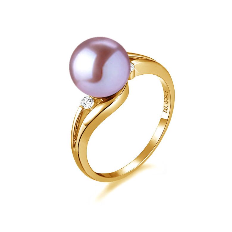 Bague feuilles de style - Perle culture lavande - Or jaune, diamants - 1