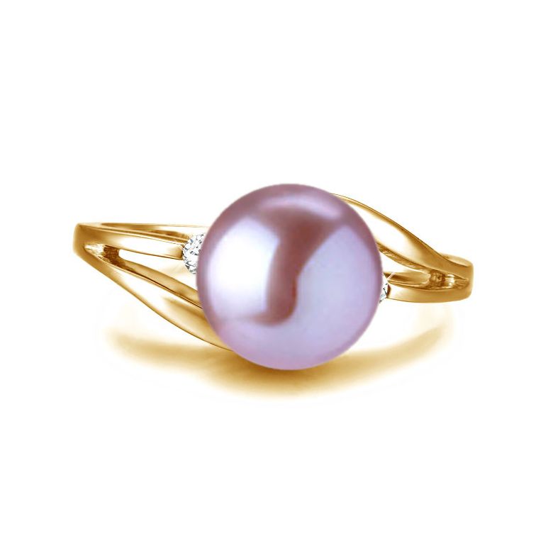 Bague feuilles de style - Perle culture lavande - Or jaune, diamants - 2
