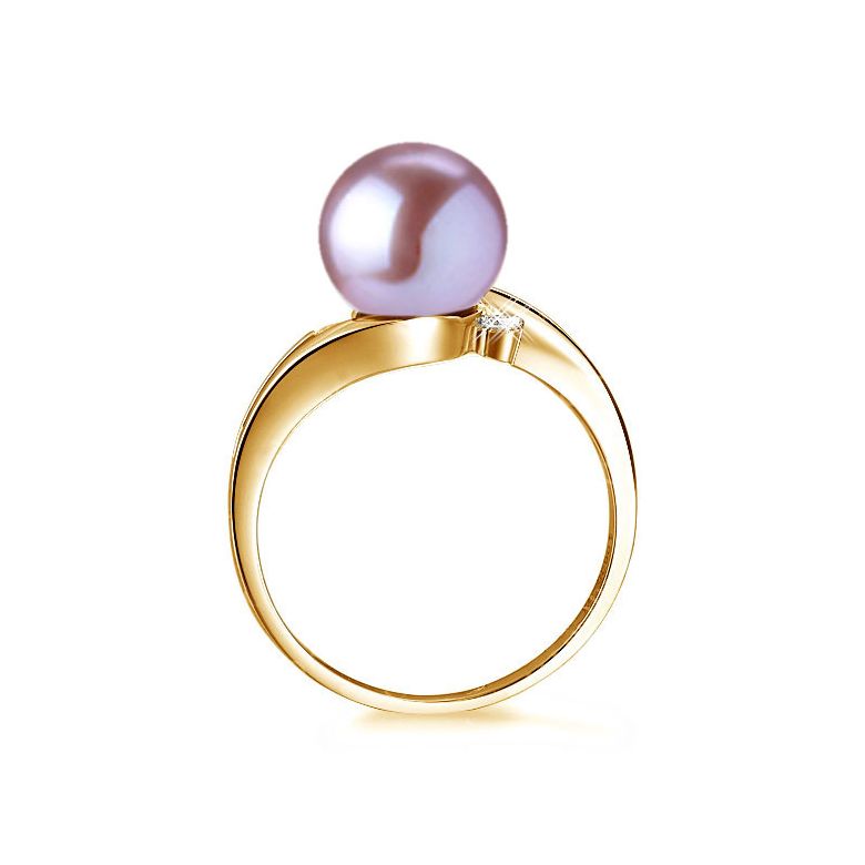 Bague feuilles de style - Perle culture lavande - Or jaune, diamants - 3