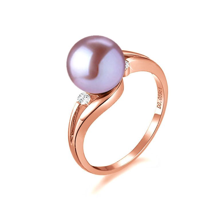 Bague feuilles de style - Perle culture lavande - Or rose, diamants - 1