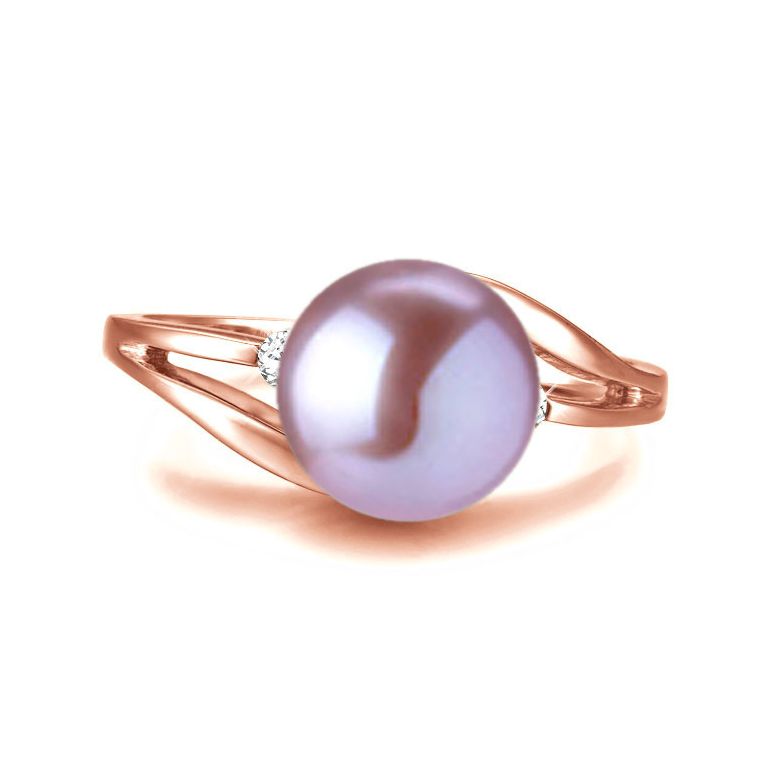 Bague feuilles de style - Perle culture lavande - Or rose, diamants - 2
