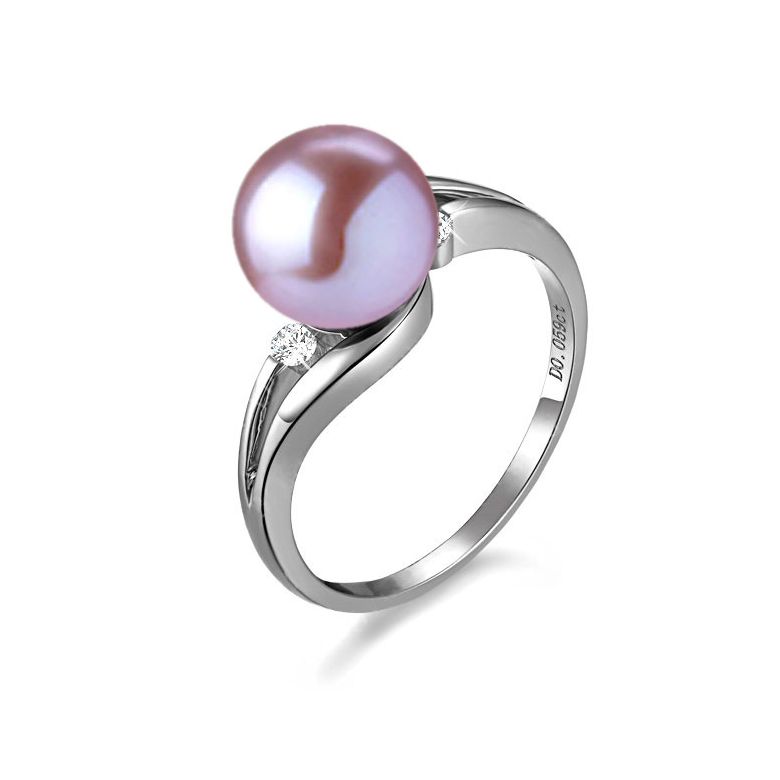 Bague feuille de style or blanc - Perle eau douce lavande, diamants - 1