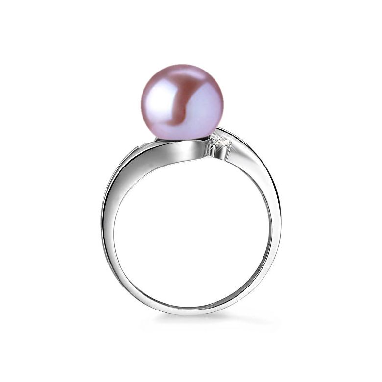 Bague feuille de style or blanc - Perle eau douce lavande, diamants - 2