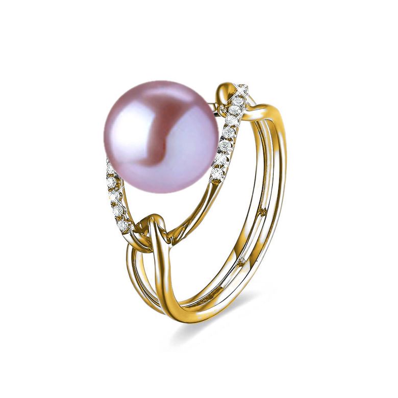 Bague or jaune perle lavande eau douce - 2 anneaux unis en diamants - 1