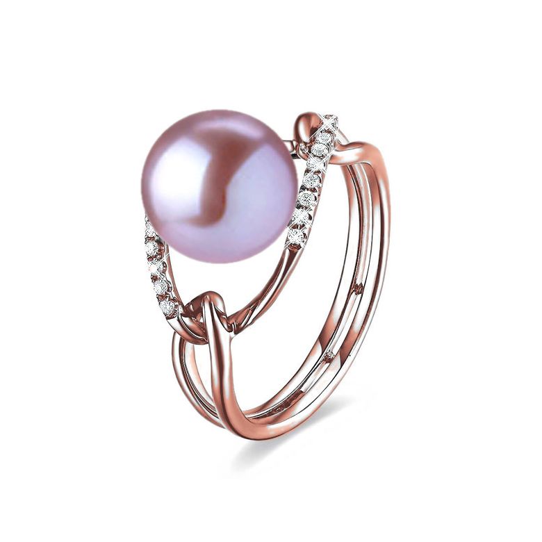 Bague or rose perle lavande eau douce - 2 anneaux unis en diamants - 1