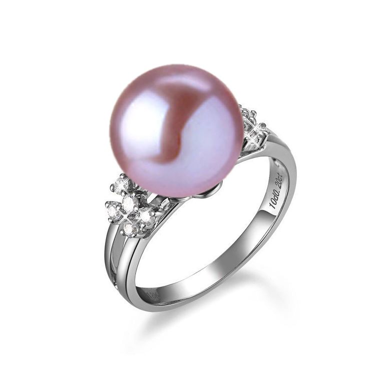 Bague double anneau lié or blanc - Perle de culture Chine - Diamants - 1