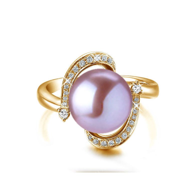 Bague voluptueuse or jaune et perle de culture lavande - Diamant pavé - 2