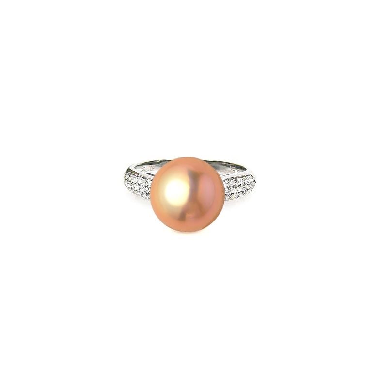 Bague de Perle de Culture Eau Douce blanche, Or blanc Diamants - 4