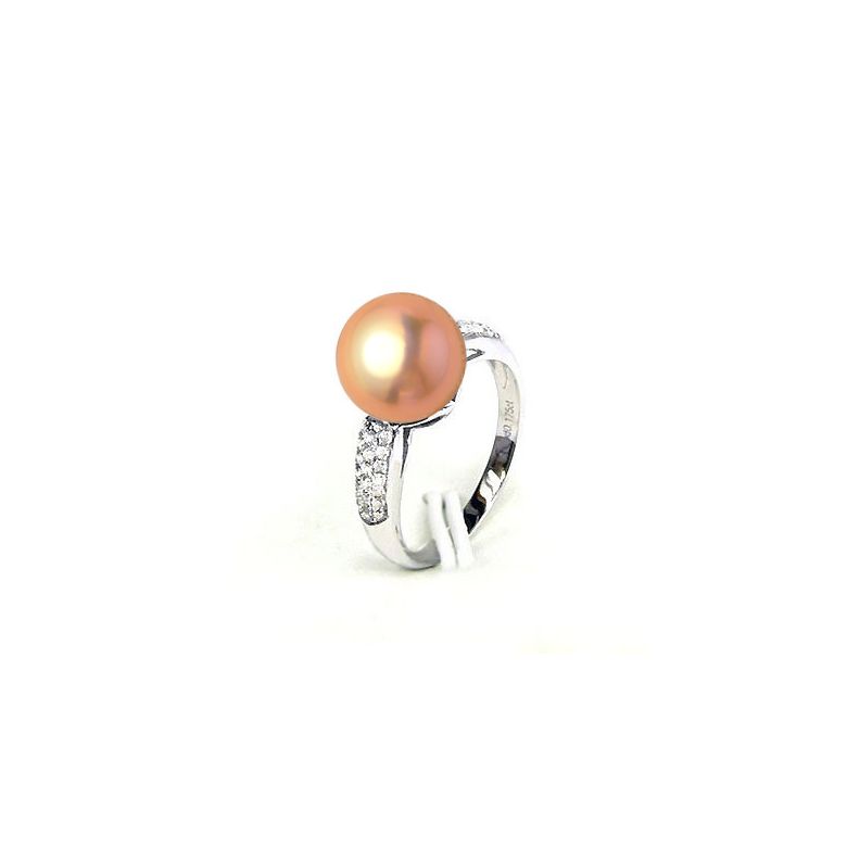 Bague de Perle de Culture Eau Douce blanche, Or blanc Diamants - 5