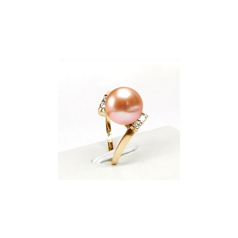 Bague ondulée solitaire - Or jaune, diamants - Perle rose culture - 2