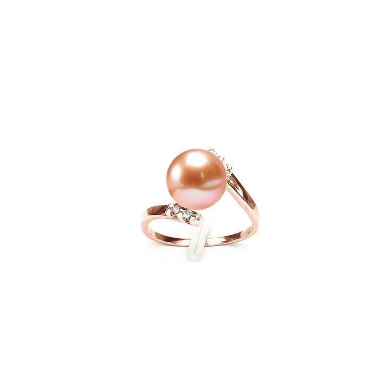 Bague ondulée solitaire - Or rose, diamants - Perle rose culture - 1