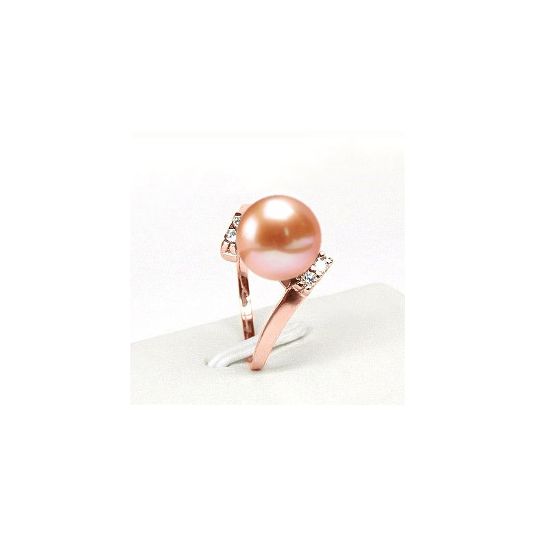 Bague ondulée solitaire - Or rose, diamants - Perle rose culture - 2