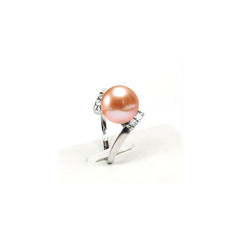 Bague ondulée solitaire - Or blanc, diamants - Perle rose culture - 2