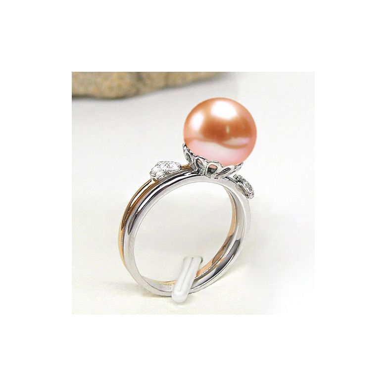 Bague 2 coeurs or jaune et blanc avec 1 perle de culture d'eau douce - 1