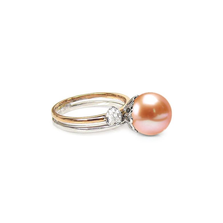 Bague 2 coeurs or jaune et blanc avec 1 perle de culture d'eau douce - 2