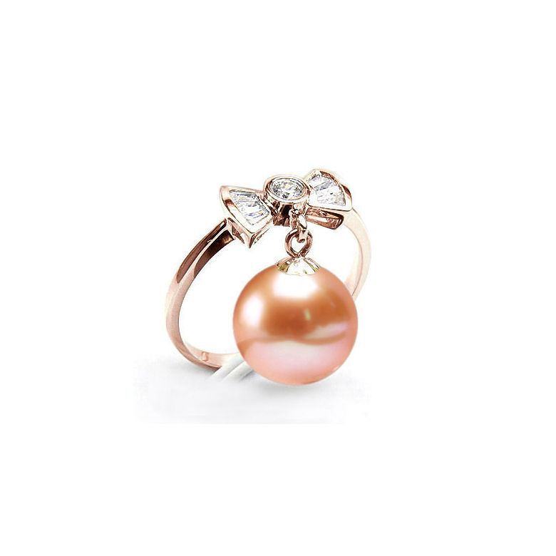 Bague noeud papillon - Or rose, diamants, perle de culture - 2