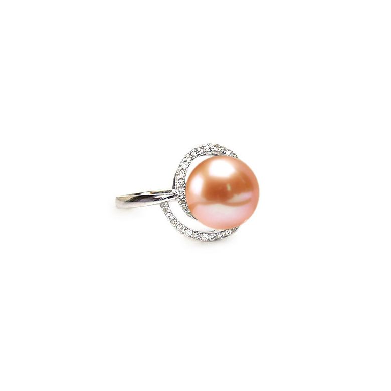 Bague perle d'eau douce rose - Encerclement d'or blanc et diamants - 1