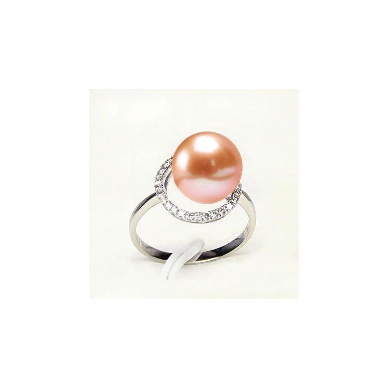 Bague perle d'eau douce rose - Encerclement d'or blanc et diamants - 2