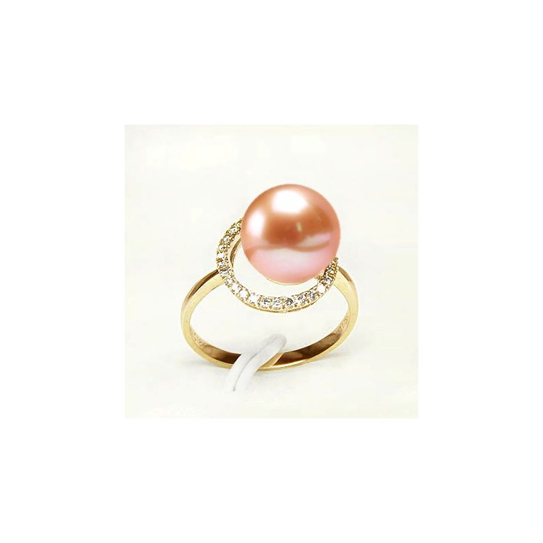 Bague perle d'eau douce rose - Encerclement d'or jaune et diamants - 2