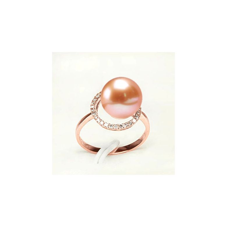 Bague perle d'eau douce rose - Encerclement d'or rose et diamants - 2