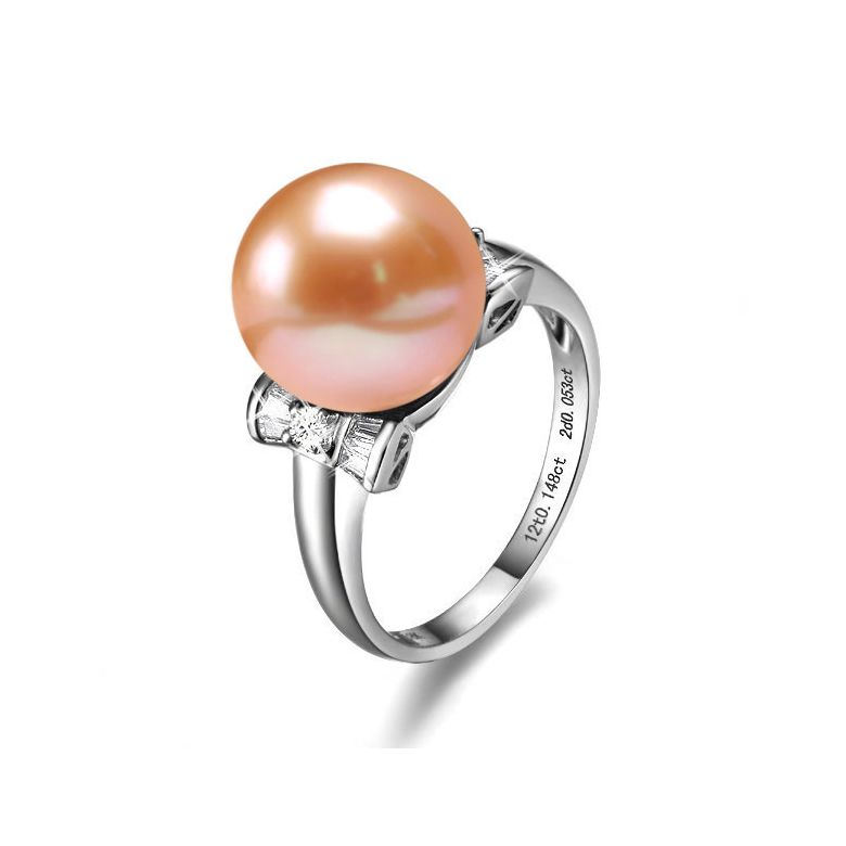 Bague or blanc nouée de diamants - Perle d'eau douce rose  - 1