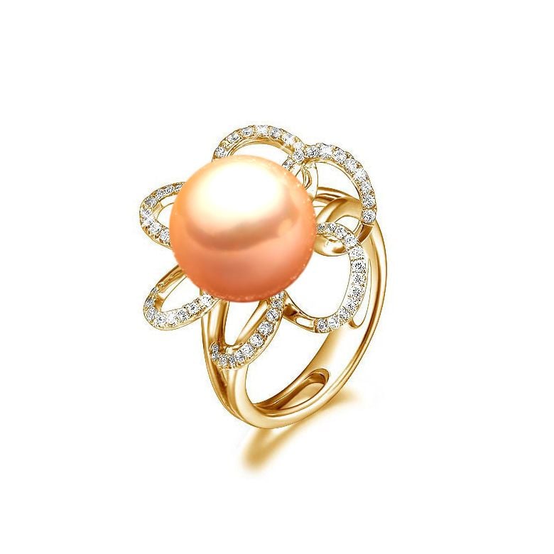 Bague fleur perlée blanche - Pétales or jaune - Perle culture Chine - 4