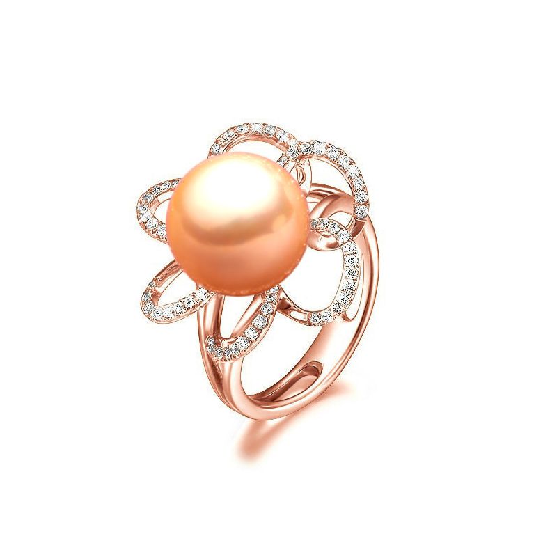 Bague fleur - Or rose, diamants et perle rose - 1