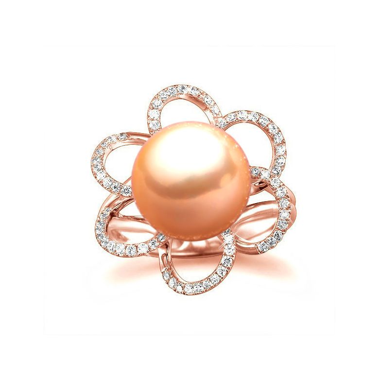 Bague fleur - Or rose, diamants et perle rose - 3
