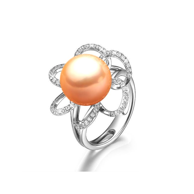 Bague fleur perlée - Pétales or blanc, diamants - Perle culture Chine - 4