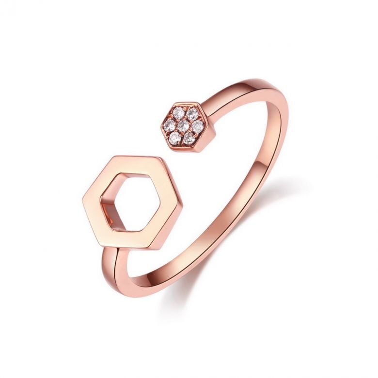 Bague ouverte hexagone. Or rose 18cts, diamants 0.030ct - 2
