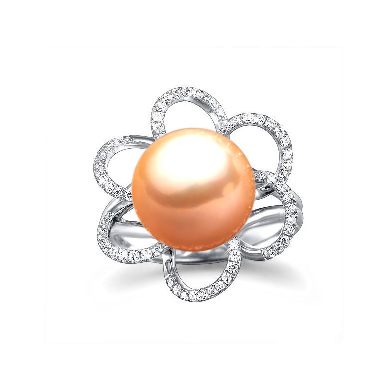 Bague fleur perlée - Pétales or blanc, diamants - Perle culture Chine - 5
