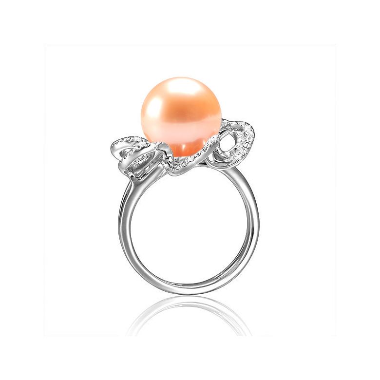 Bague flora perle rose - Or blanc 18cts, pétales diamants - 3