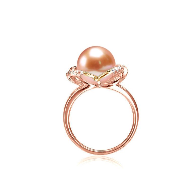 Bague en perle monde floral - Perle de culture or rose et diamants - 3
