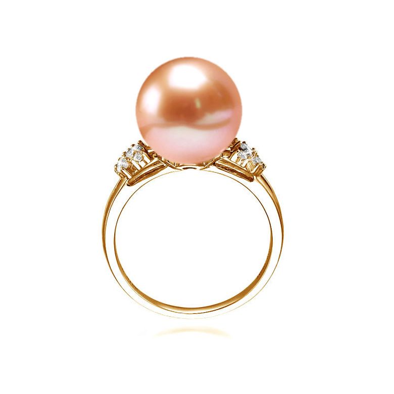 Bague anneau doublé or jaune - Perle rose Chine et diamants sertis - 2