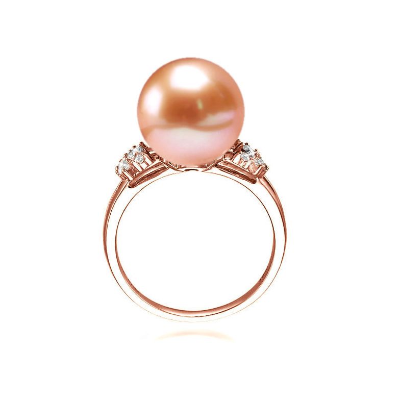 Bague anneau doublé or rose - Perle rose Chine et diamants sertis - 2