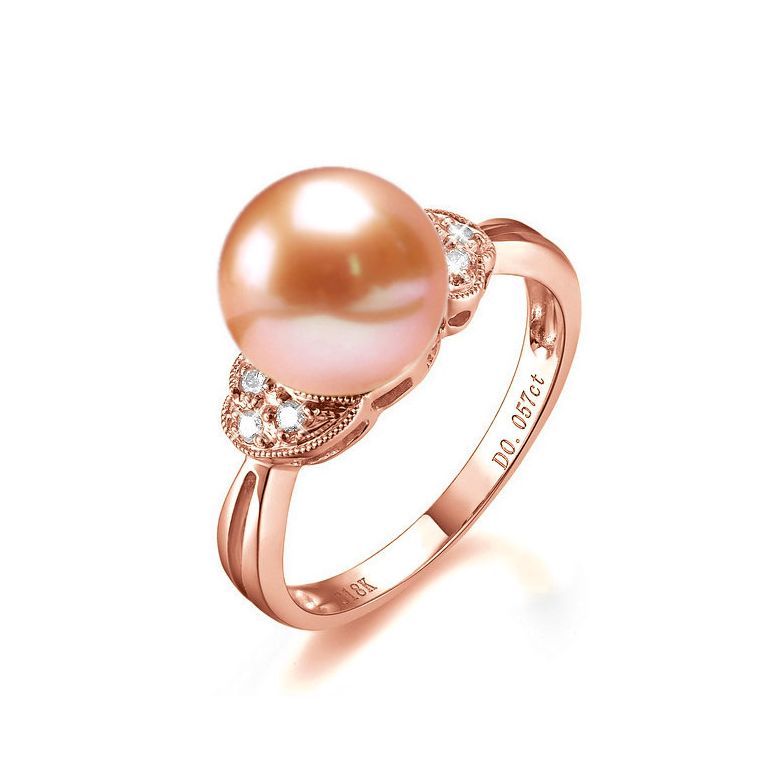 Bague perle Chine - Perle d'eau douce rose - Diamants, or rose - 1
