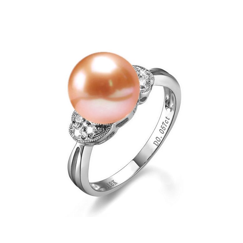 Bague perle Chine - Perle d'eau douce rose - Diamants, or blanc - 1