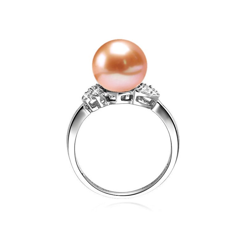 Bague perle Chine - Perle d'eau douce rose - Diamants, or blanc - 2