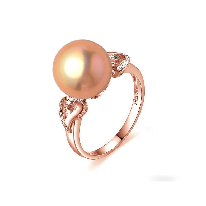 Bague coeur de perle diamanté - Or rose et Perle d'eau douce rose - 1