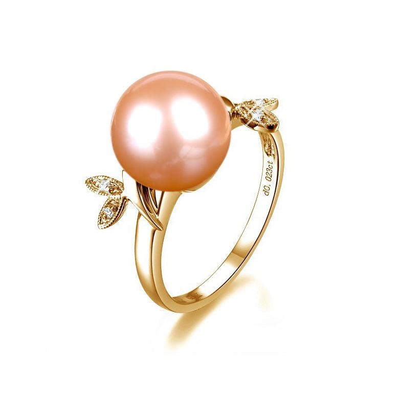 Bague Perle Or Jaune Diamant. Feuilles Étincelantes  - 4