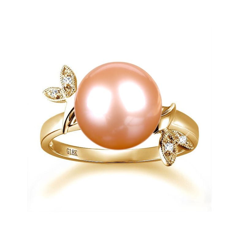 Bague Perle Rose, Or Jaune Diamant. Feuilles Étincelantes  - 2