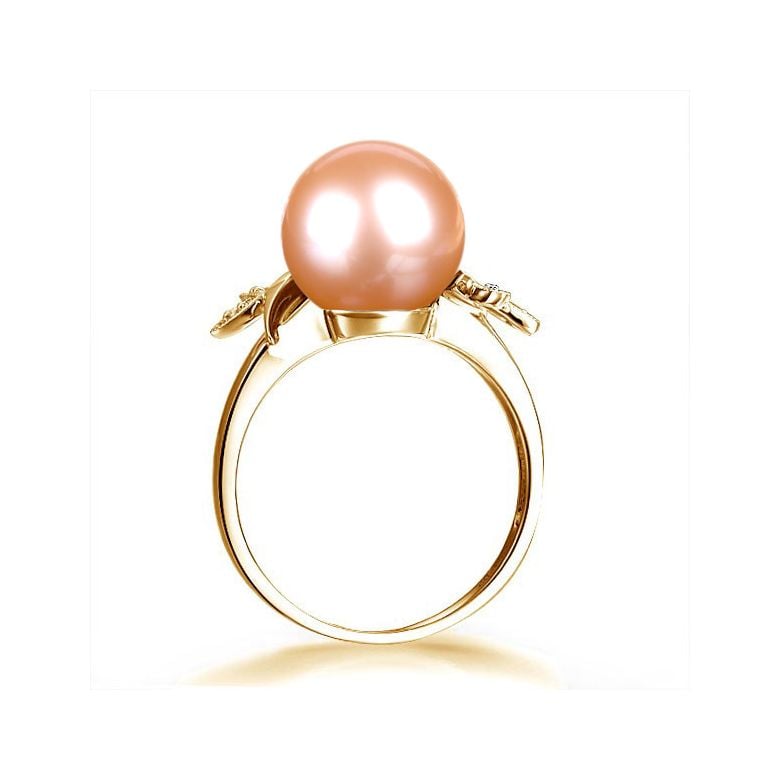 Bague Perle Or Jaune Diamant. Feuilles Étincelantes  - 5