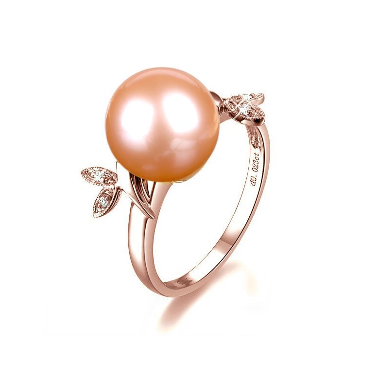 Bague Perle Rose, Or Rose Diamant. Feuilles Étincelantes  - 1