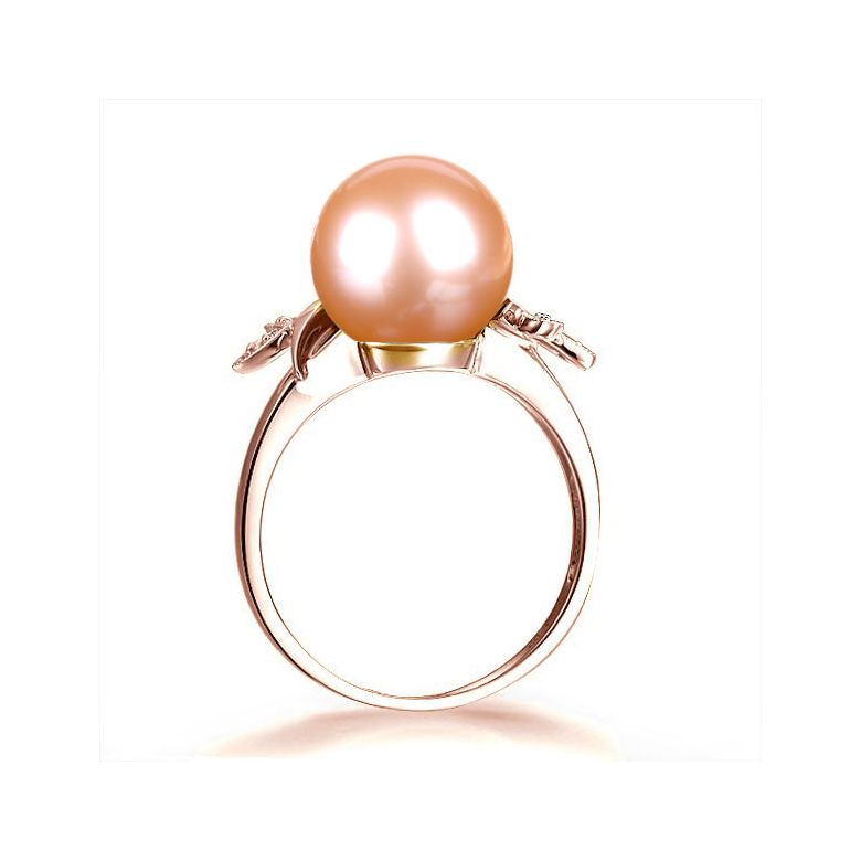 Bague Perle Rose, Or Rose Diamant. Feuilles Étincelantes  - 3