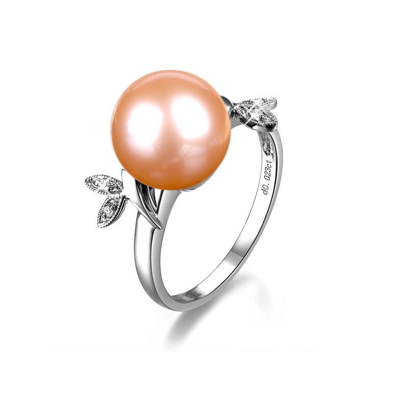 Bague Perle Or Blanc Diamant. Feuilles Étincelantes  - 5