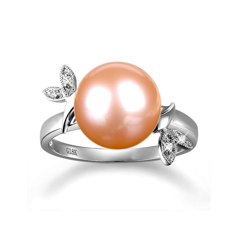 Bague Perle Or Blanc Diamant. Feuilles Étincelantes  - 4