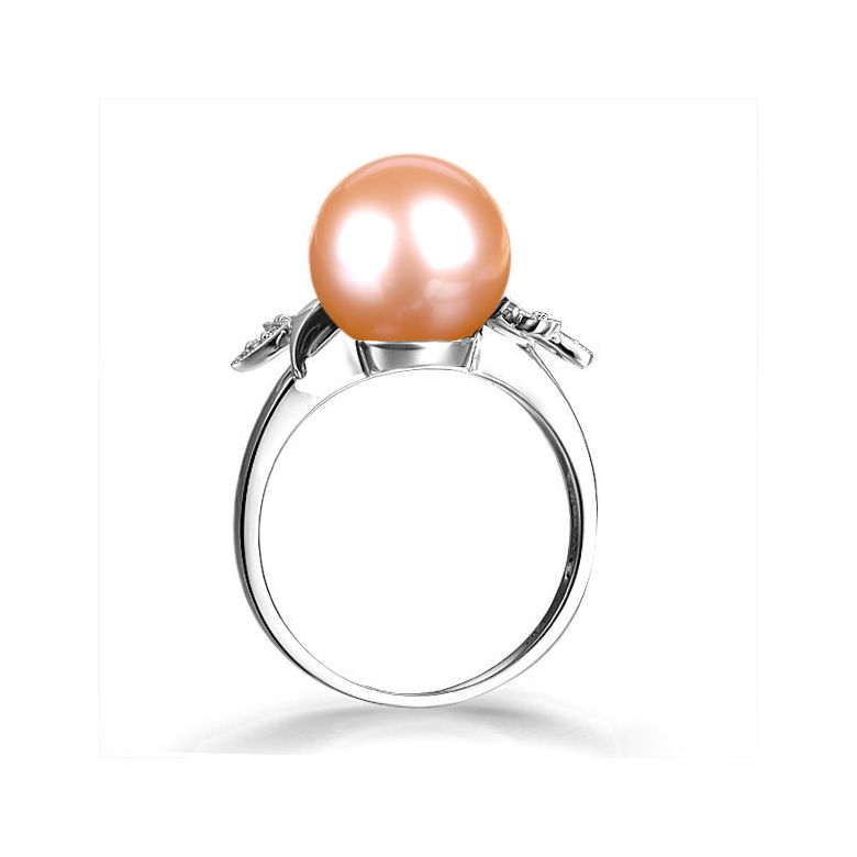 Bague Perle Rose, Or blanc Diamant. Feuilles Étincelantes  - 3